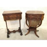 A William IV rosewood work table, the swivel baize-lined top above two drawers, on end supports, (