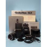 A Rollei SLX camera, serial no.602250084, with Rollei HFT Planar f2.8 80mm lens, film holder, lens