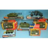 Seven Dinky military vehicles: Scorpion Tank 690 (x2), 88mm Gun 656, Chieftain Tank 683, Striker