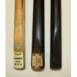 A collection of three snooker cues, comprising a Thurston Clare Padmore "The Champion Match Cue",