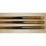 A collection of three Joe Davis 147 Champion snooker cues: 16oz (x2) and one 17oz, all 58'', (3).