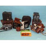 A Pathescope Prince Colour 9.5 cine camera, a Voigtlander Vito CLR camera in case and other cameras.
