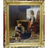 Theodore Kleehaas (1854-1929) PREPARING THE MEAL, TWO CHILDREN PLAYING WITH A TOY KITCHEN Signed oil