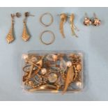 Three pairs of 9ct gold earrings, 2.9g and a quantity of unmarked yellow metal earrings.