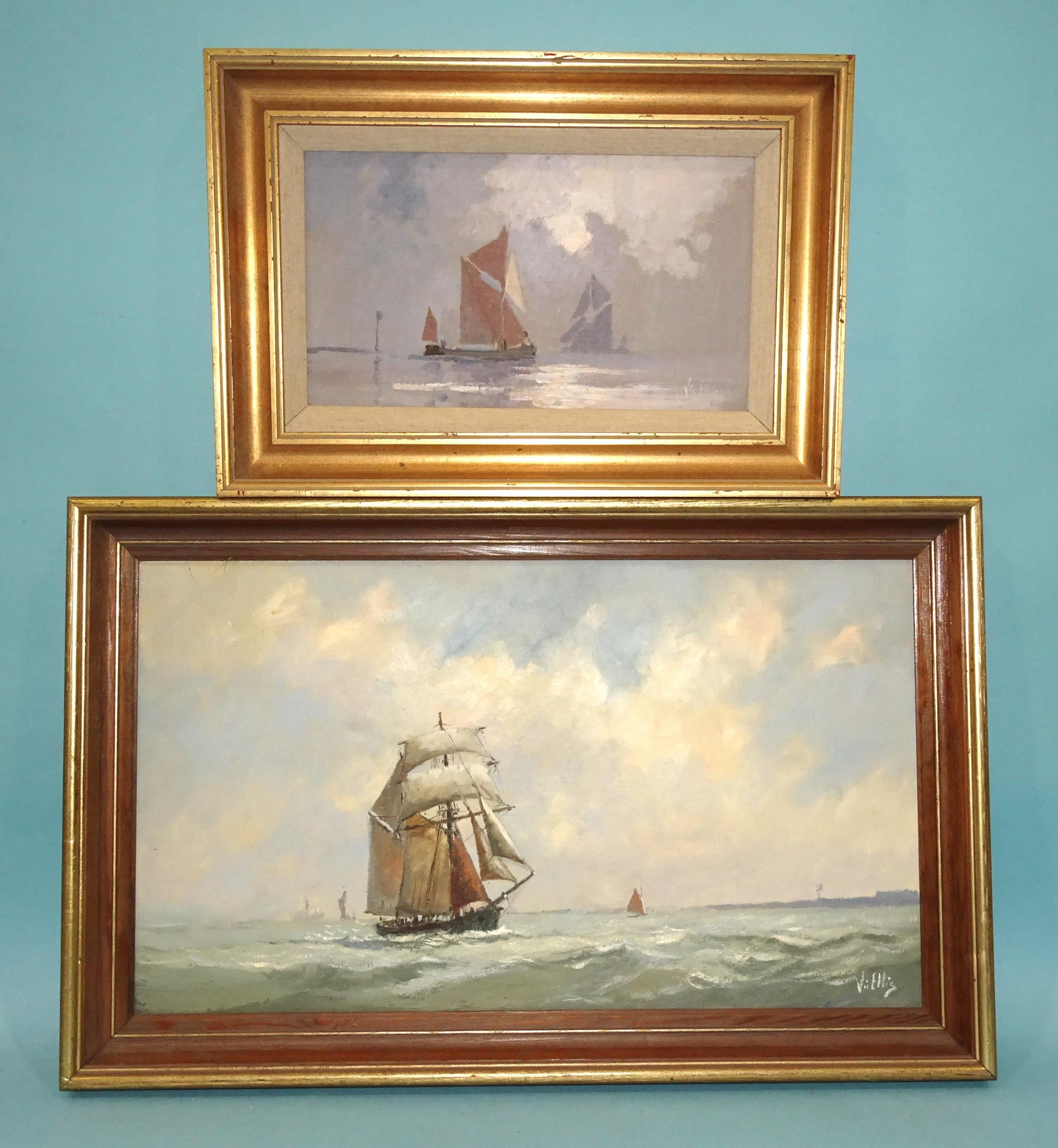Vic Ellis (1921-1984) TOPS'L SCHOONER Signed oil on canvas, titled verso, 34 x 59cm and another