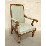 A 19th century walnut salon chair, the rectangular back with upholstered centre and open arms, the