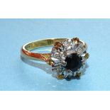 An 18ct gold ring set sapphire and 8/8-cut diamond cluster, size O, 6.4g.