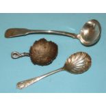 A Victorian caddy spoon of leaf form with twist handle, London 1862, a 19th century Greenock sauce