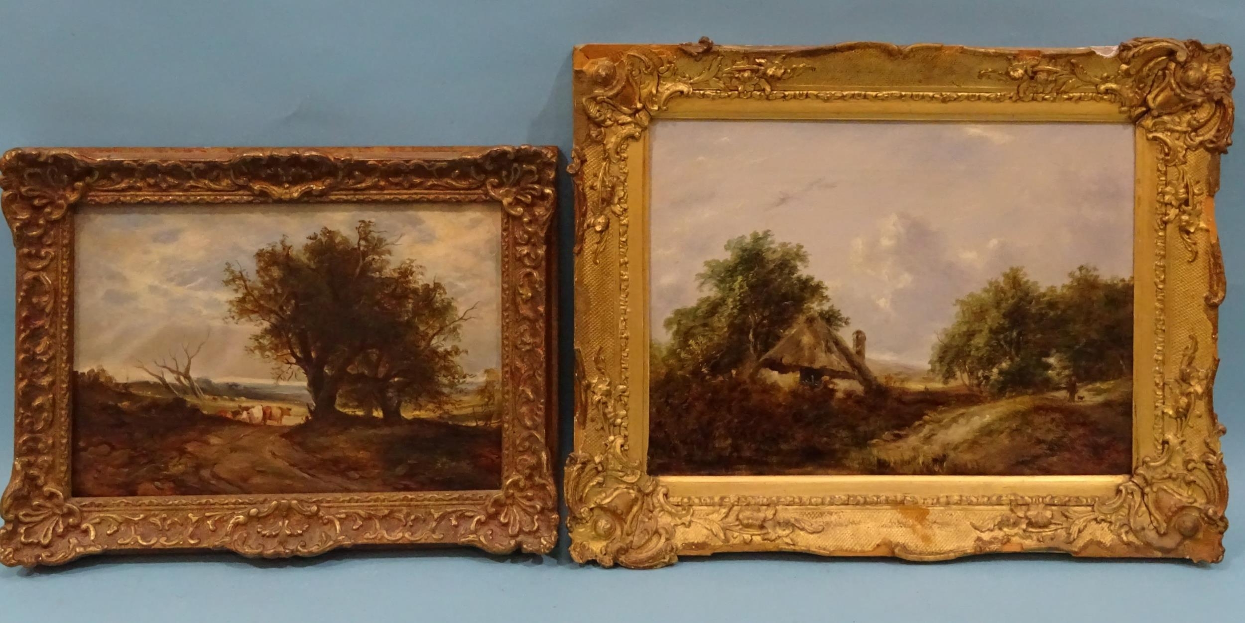 Style of David Cox CATTLE IN A LANDSCAPE WITH ANCIENT OAK TREES IN THE FOREGROUND Oil on board,