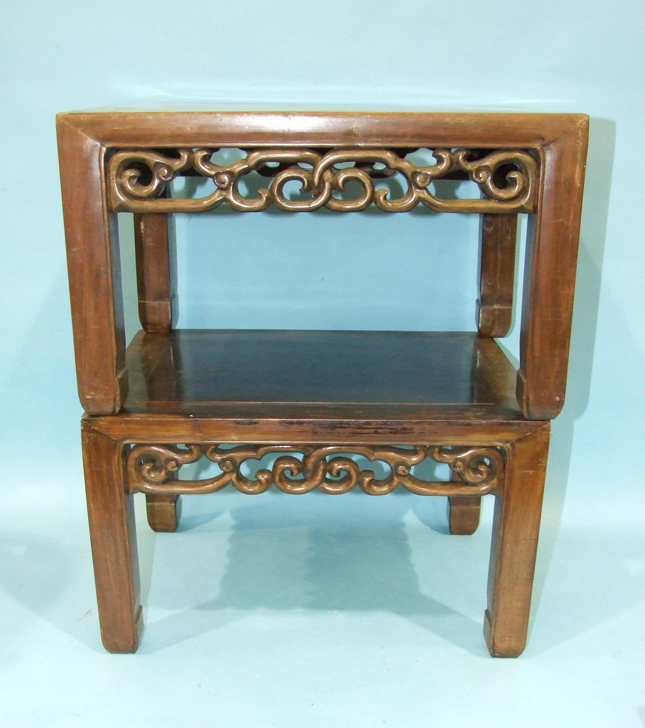 A pair of Chinese hardwood rectangular low occasional tables with pierced frieze, on square shaped - Image 2 of 2