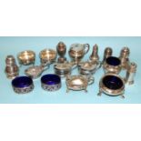 A collection of 19th century and later cruet items, some with blue glass liners, various dates and