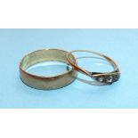 A 9ct gold wedding band, size R and a small ring set three paste stones, size L½, 3.5g.