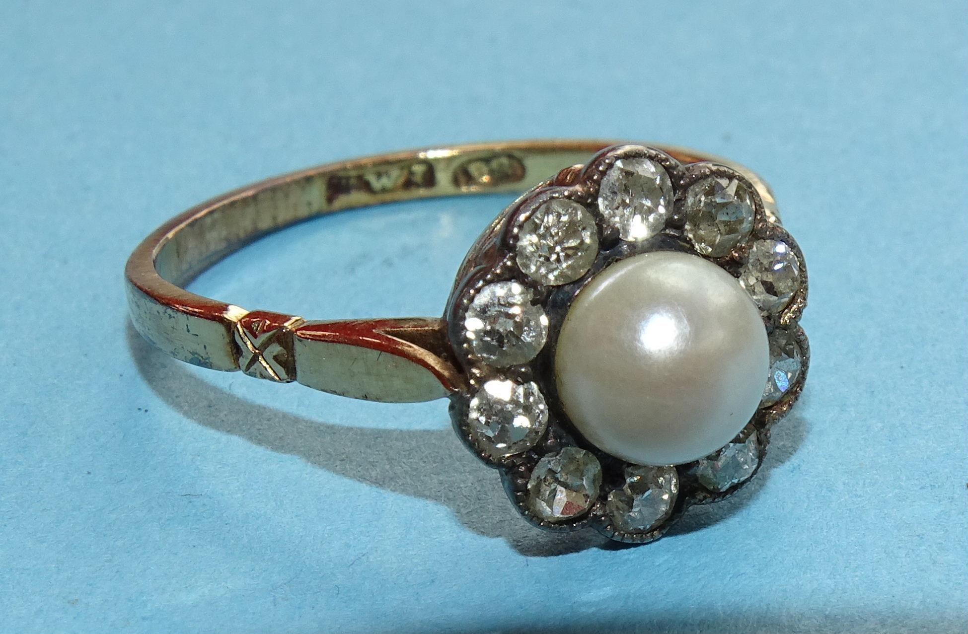 A Victorian pearl and diamond cluster ring set ten old brilliant-cut diamonds around a pearl, in