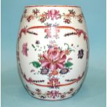 Chinese 18th century, a large famille rose barrel-shaped tankard, 16.5cm high, (slight rim