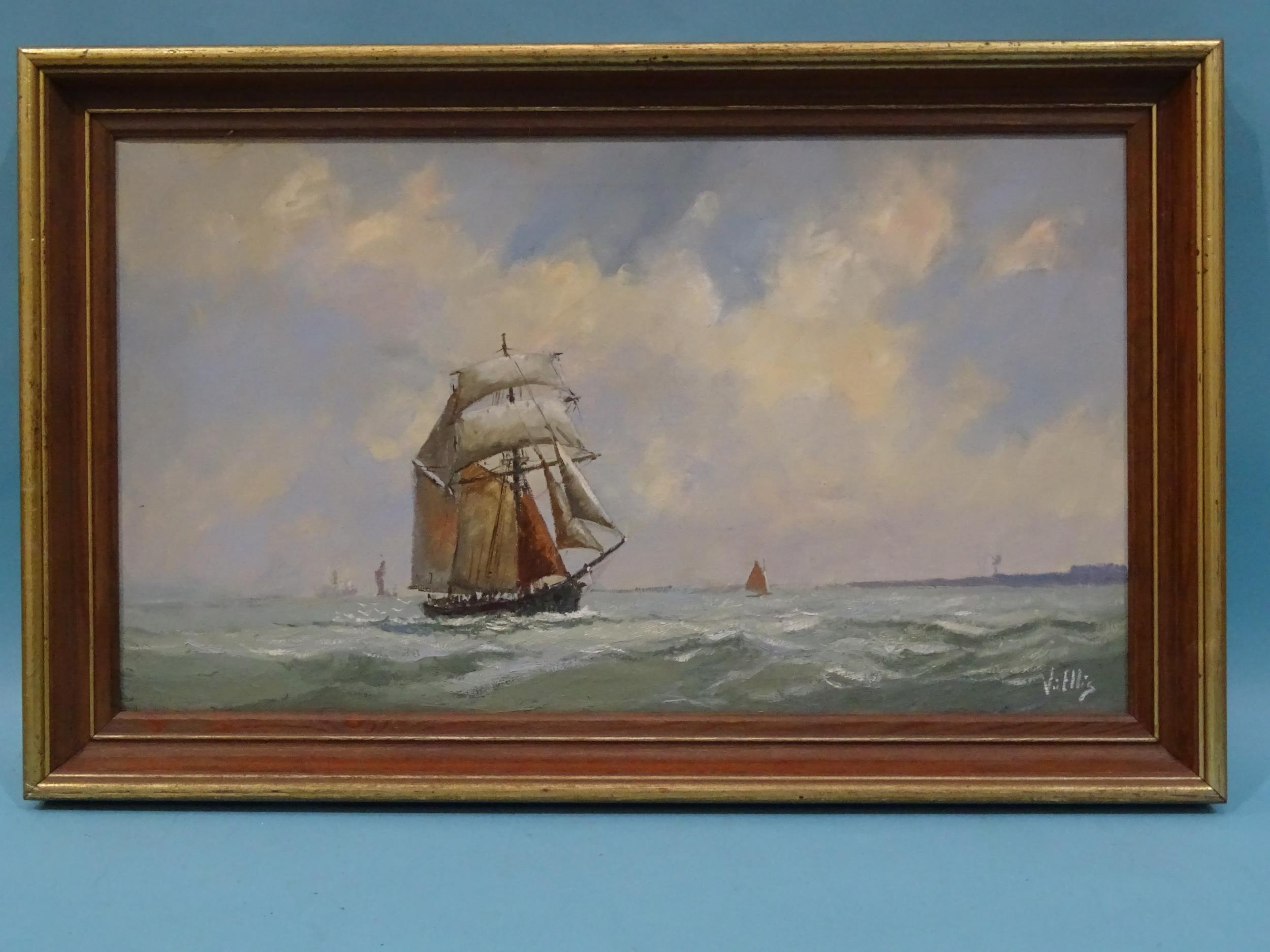 Vic Ellis (1921-1984) TOPS'L SCHOONER Signed oil on canvas, titled verso, 34 x 59cm and another - Image 2 of 7