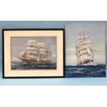 20th century indistinctly-signed THREE-MASTED SCHOONER FLYING THE RED ENSIGN, HARBINGER?, WITH