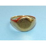 A gold signet ring, (marks rubbed), tested as approximately 18ct gold, size P, 8.4g.