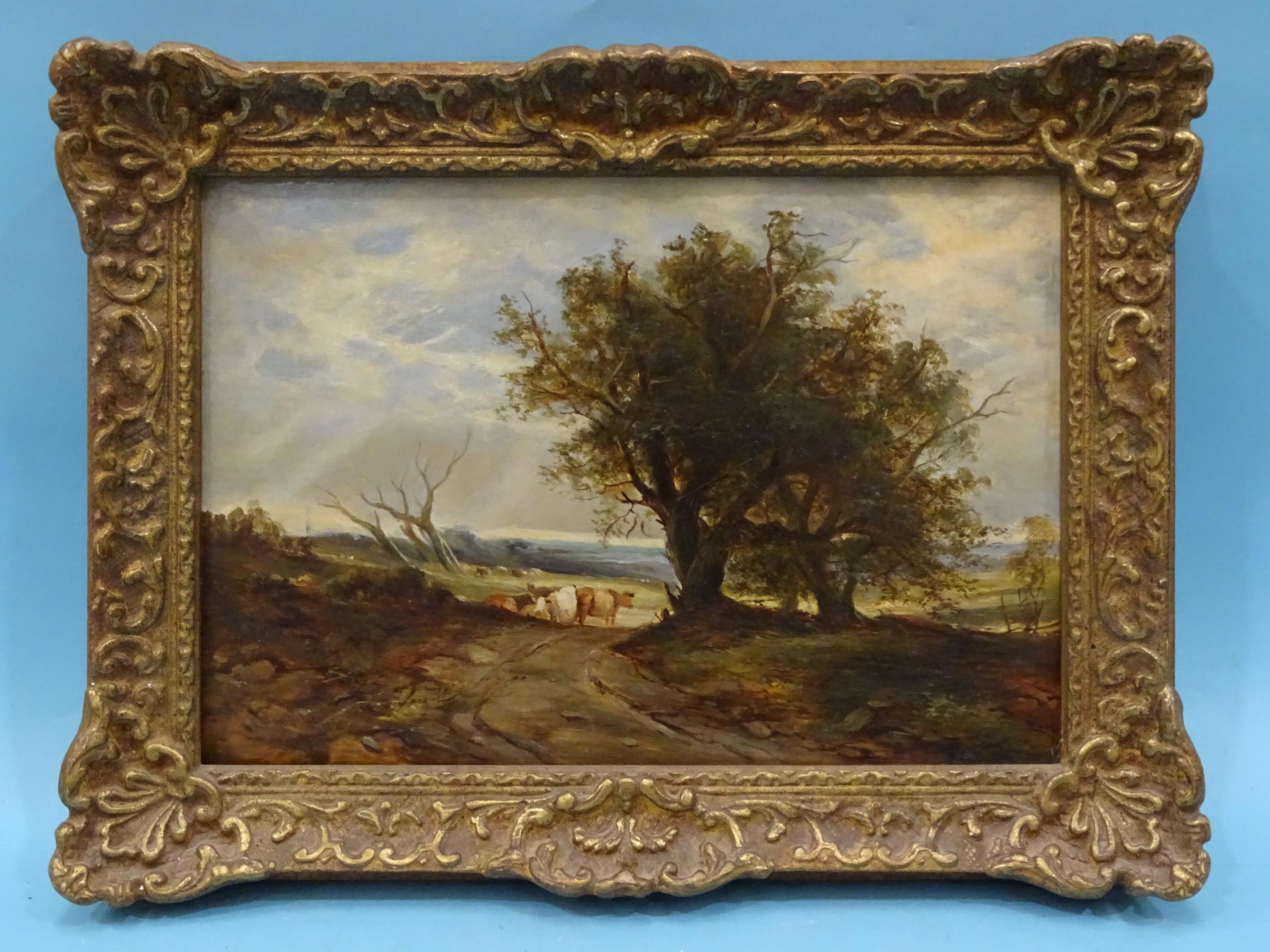 Style of David Cox CATTLE IN A LANDSCAPE WITH ANCIENT OAK TREES IN THE FOREGROUND Oil on board, - Image 2 of 7