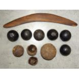 A collection of nine cannon balls of various sizes and ages, together with a late-20th century