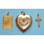A 9ct (front and back) heart-shaped locket and two 9ct gold pendants, gross weight 10g.