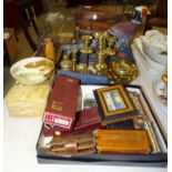 An inlaid wooden two-division tea caddy, 20cm wide, a needlework box, a modern painted metal