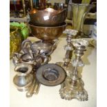 A pair of plated candlesticks, 21.5cm high, other plated ware, an Oriental brass vase with applied