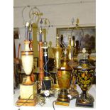 Three painted urn-shaped table lamps and six other wood composite table lamps, (9).
