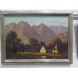 Johan Greeff (20th century), Building Beside a Lake within a Mountainous Landscape, signed oil on
