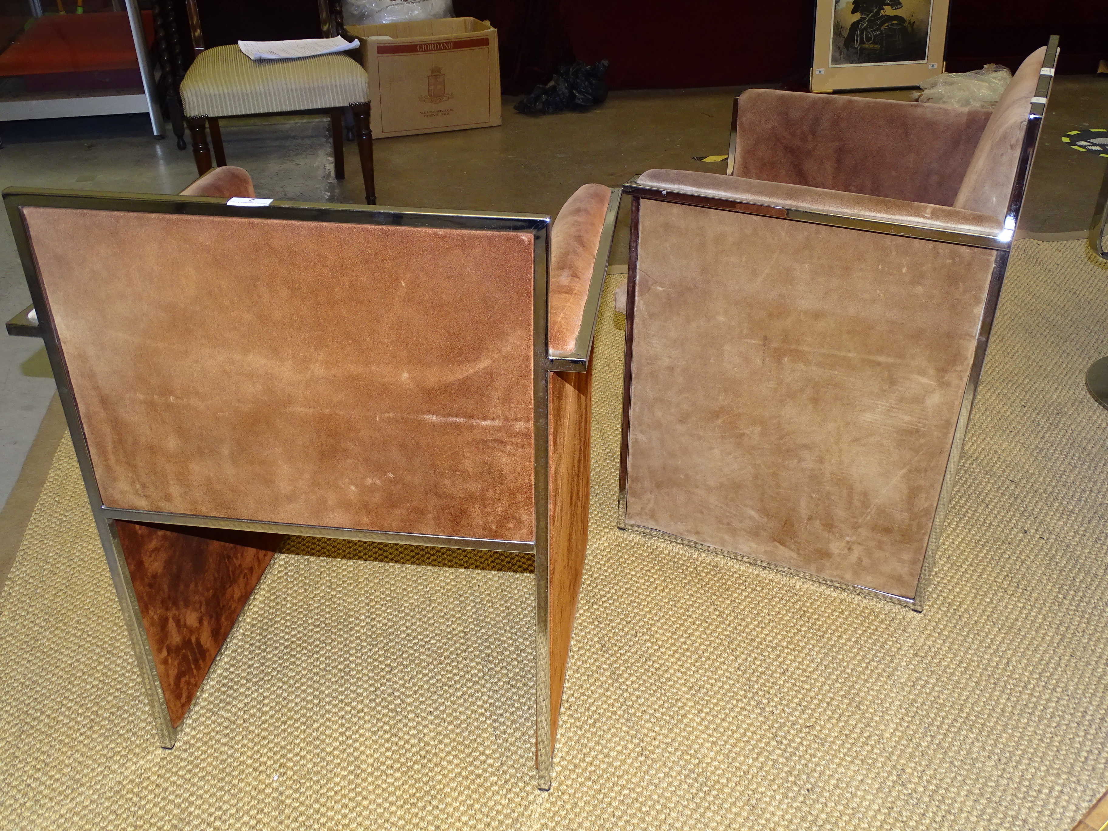 A pair of brown suede-upholstered chrome armchairs, (some fading and discolouration), (2). - Bild 3 aus 4