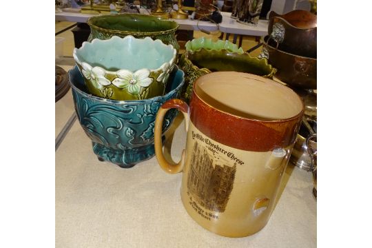 A Bretby green-glazed jardinière, other ceramic jardinières and a Doulton Lambeth large tyg - Image 1 of 3