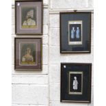 A pair of framed Middle Eastern watercolours depicting religious figures and text, 26 x 14.5cm,