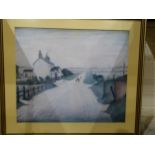 After L S Lowry, A Country Road, a framed print, 52.5 x 62.5cm, another, Viaduct Street Passage,