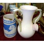A Copeland blue and white hunting jug, 17.5cm high, a Locke & Co, Worcester, sugar bowl and cream