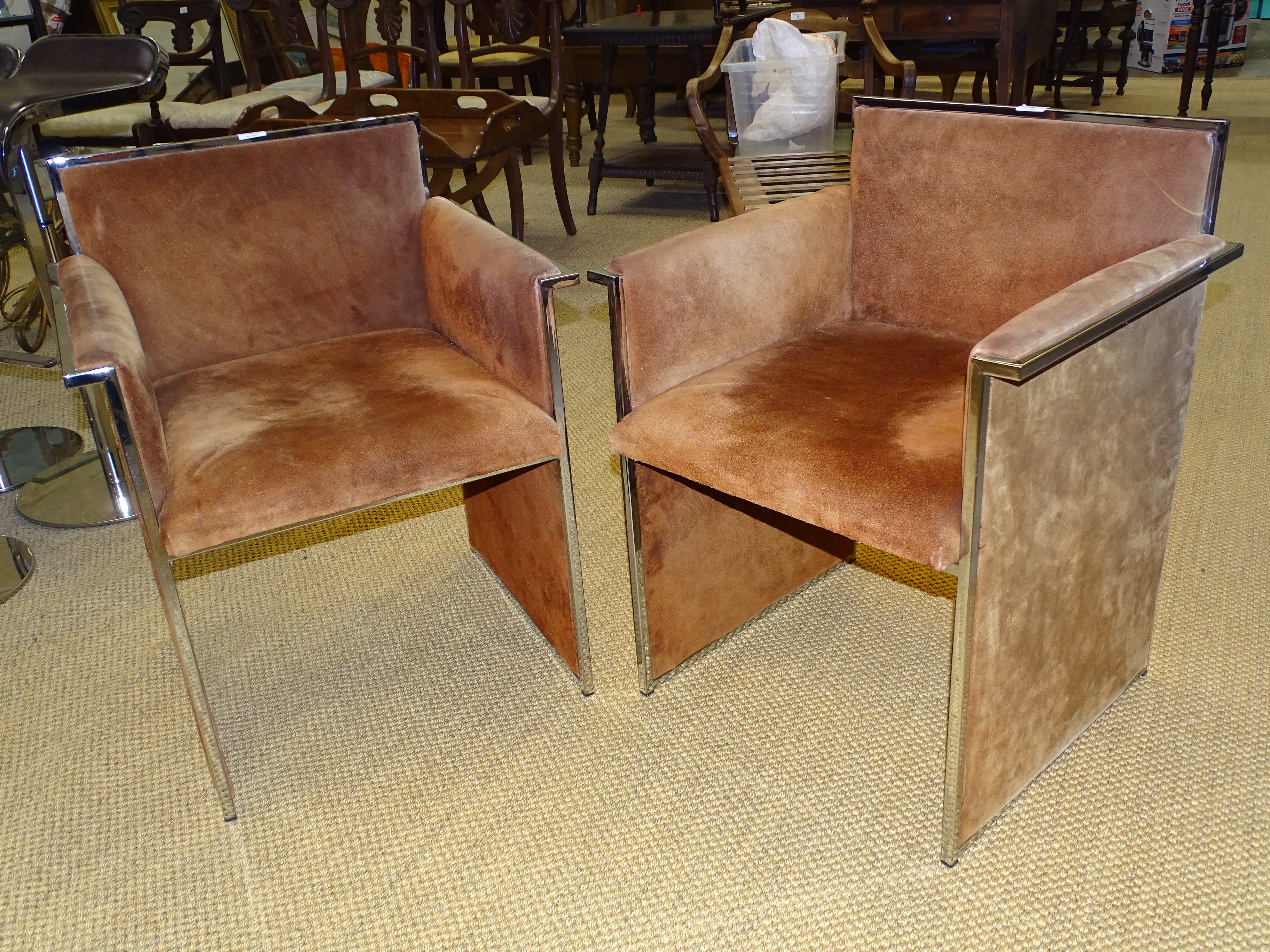 A pair of brown suede-upholstered chrome armchairs, (some fading and discolouration), (2). - Bild 2 aus 4