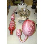 A large Nailsea-style pink and white candy-pink swirl glass ornamental pipe in two sections, 73cm