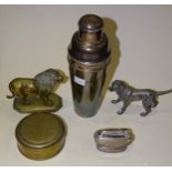A plated metal model of a dog, 10 x 17cm, a plated cocktail shaker and other items.