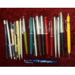 A Conway Dinkie 560 fountain pen, six various Parker fountain pens and a collection of propelling