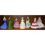 A collection of six Coalport figurines, including three from the Ladies of Fashion series: '