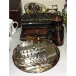 A collection of plated ware, including cased cutlery, tankards, tray, etc.