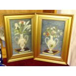 A pair of framed silk-work pictures 'Still life, vases and flowers', 24.5 x 14.5cm and other
