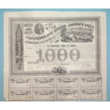 A Confederate States of America loan certificate for $1000, February 20th 1863, with eight remaining