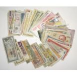 A collection of various World bank notes.