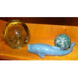 A large glass dump paperweight with bubble decoration, 16.5cm, (hole in top), a mottled pottery