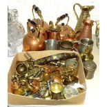 Three copper kettles, copper and brass jugs, plated tankards and other brass, copper and metal ware.