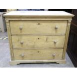 A 19th century stripped pine chest of three drawers, 114.5cm wide, 55.5cm deep, 99cm high,