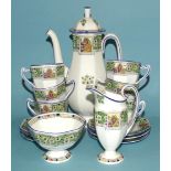 A Royal Doulton fifteen-piece Art Deco coffee service, pattern H3499, decorated with panels of