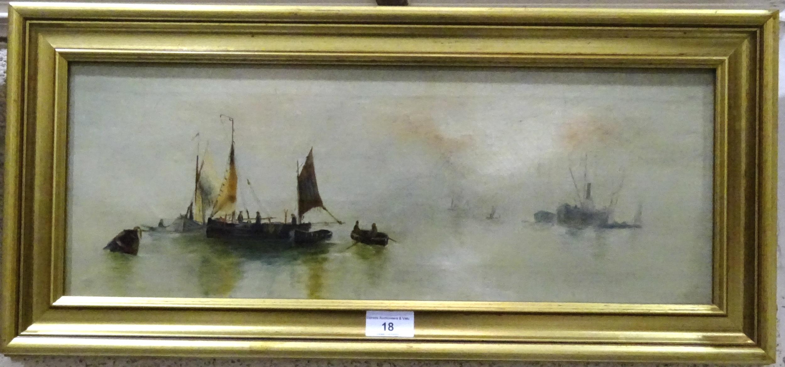 E.E.N, 'Fishing vessels with buoy in foreground', oil on canvas, initialled, 20 x 53.5cm and a - Image 2 of 5