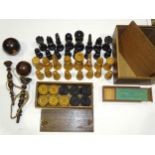 A set of Staunton-style ebony and boxwood chess pieces, king 10.5cm high, some damages, a set of