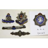 Four silver and enamel sweetheart brooches: Royal Artillery, RAF, Old Coldstream Assn, and Army