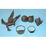 A silver and marcasite brooch in the form of a crow, 62mm, a marcasite-set ring and pair of earrings